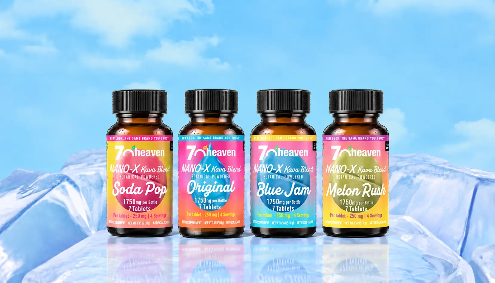The 7-O Heaven Nano-X tablet lineup on ice: Soda Pop, Original, Blue Jam and Melon Rush