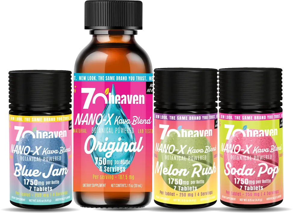 The 7-O Heaven Nano-X lineup: Blue Jam, Melon Rush and Soda Pop tablets with the Original 30 mL liquid